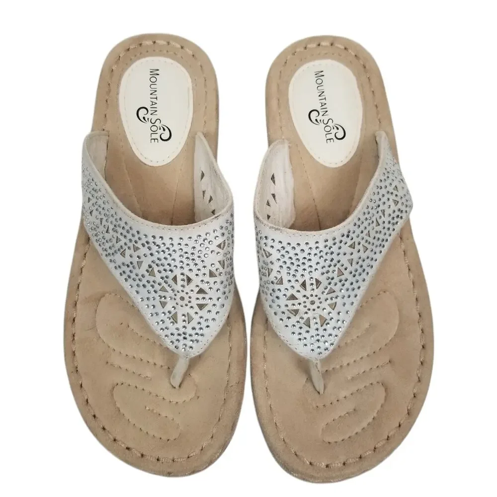Women's White Rhinestone Wedge Thong Sandals